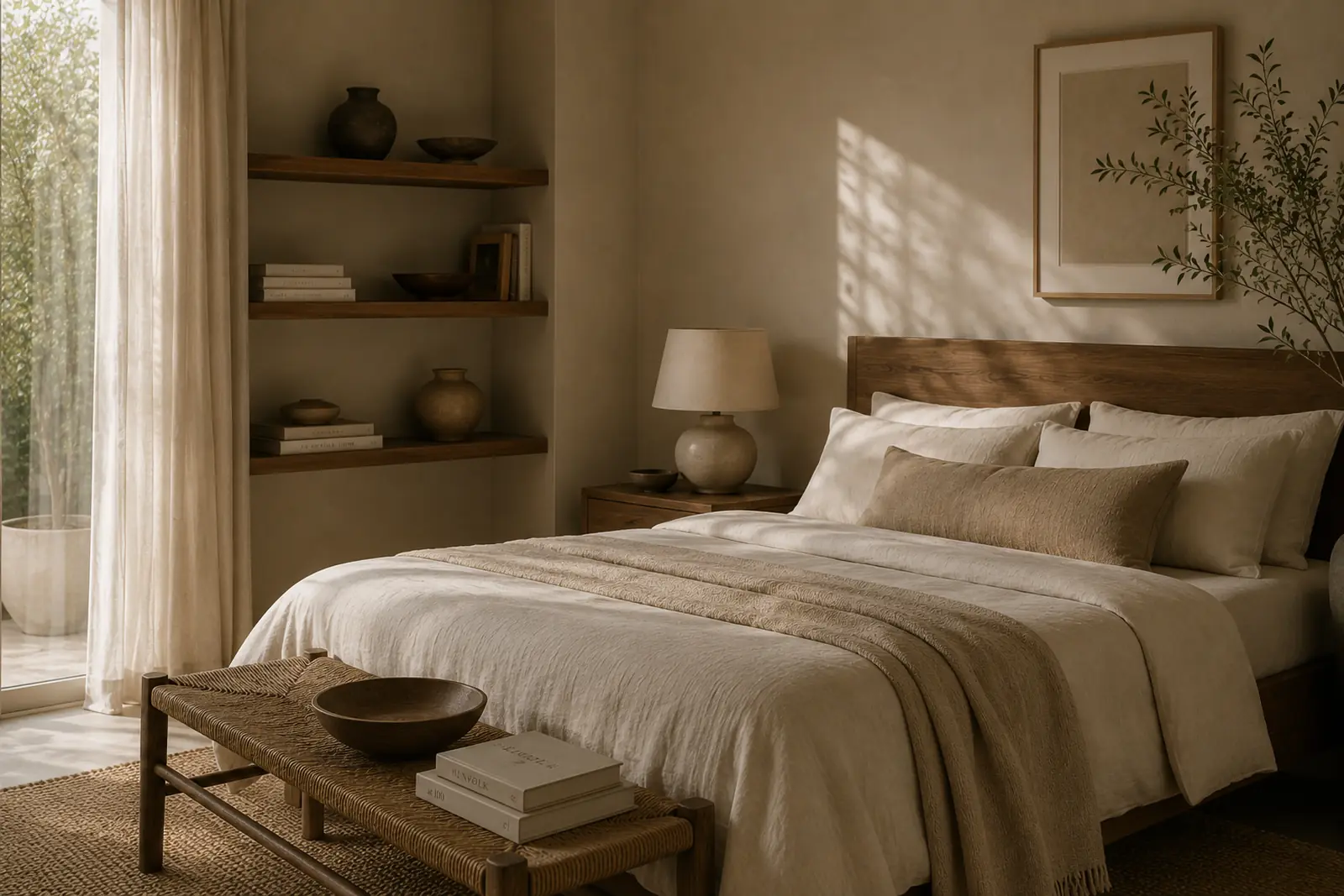 Warm minimalist bedroom interior
