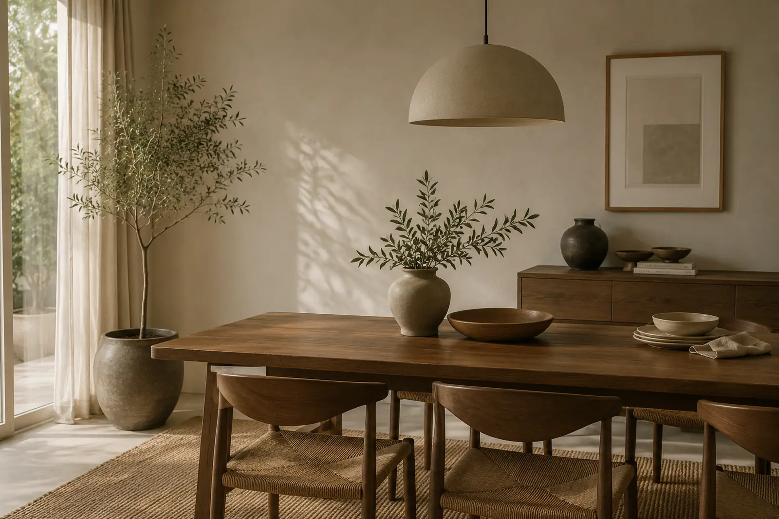 Warm minimalist dining room interior